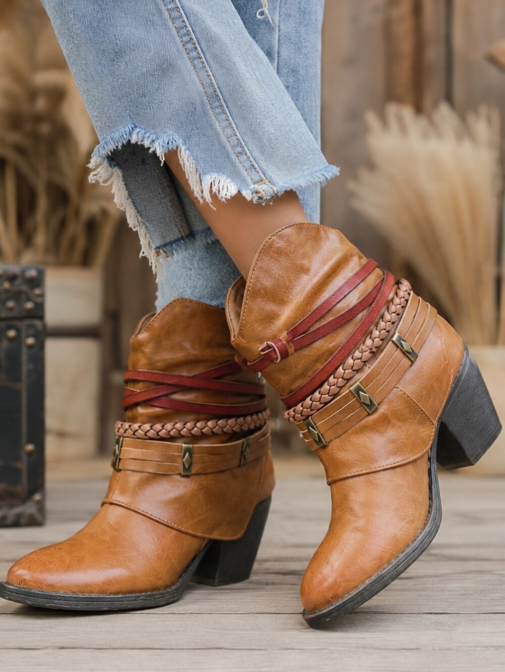 Boho Western SO Asparagus Western Boho Layered Braided Stacked Heel Bootie 6M